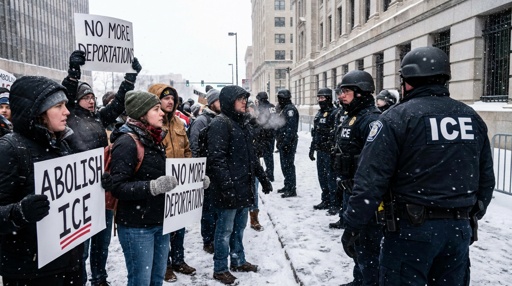 shutterstock_2723861689.jpg Protesters holding signs against ICE in a snowy environment