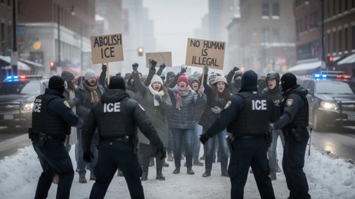 Protesters holding signs against ICE in a snowy urban setting