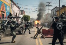 CIA Officers KILLED After Cartel Raid—Total Disaster… A chaotic urban scene with armed soldiers and an explosion in the background