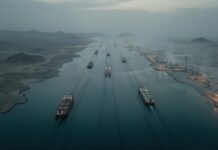 BLOCKADE Tightens: 27 Vessels Rejected at Gunpoint… Aerial view of cargo ships navigating a shipping channel