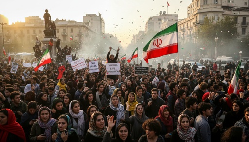 shutterstock_2744059485.jpg Large crowd of protesters holding Iranian flags and signs during a demonstration