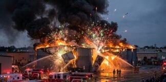 Firefighters battling a large industrial fire with explosions and smoke
