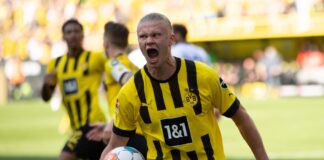 Soccer player in yellow and black jersey celebrating with ball