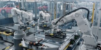 Robotic arms working on an assembly line in a modern factory