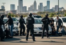 Police officers in tactical gear conducting an arrest in a parking lot