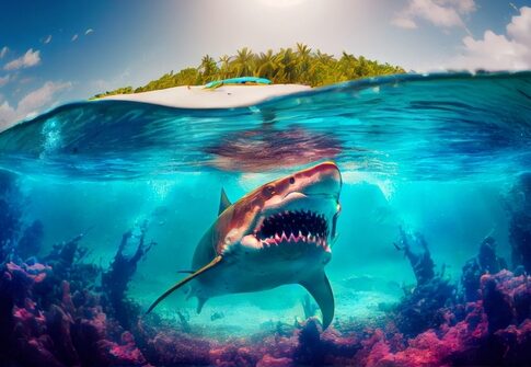 A shark swimming near a coral reef with a tropical island in the background