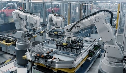 Robotic arms working on an assembly line in a modern factory